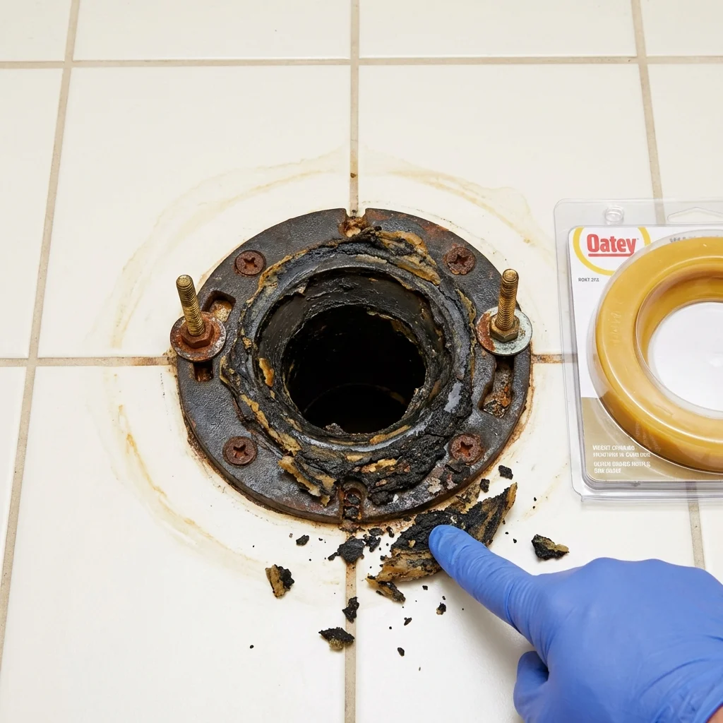 Failed wax ring showing water seepage at the base of a toilet in a Salem, VA home