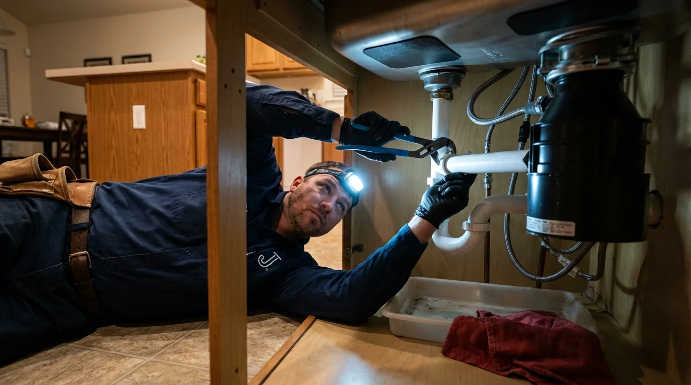P-trap and supply line connections under a kitchen sink showing a common leak point in Salem, VA